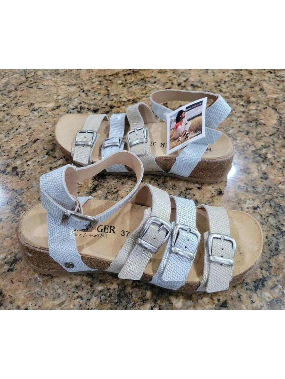 Haflinger Leather Strappy Reptile Slingbacks Cork Womens Shoes Sandals 37 7 New